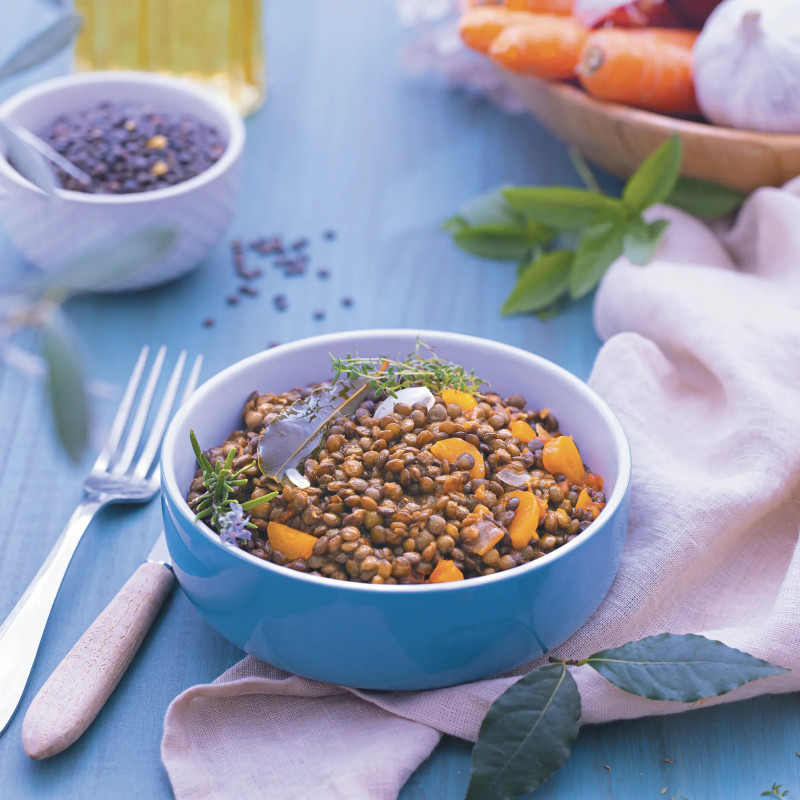 Lentilles vertes cuisinées aux herbes de Provence