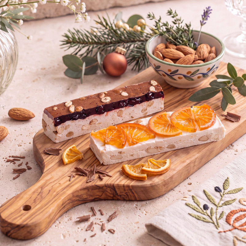 Lot de Nougat «Fôret Noire» (griotte, vanille, chocolat) + Nougat tendre aux tranches d’oranges confites